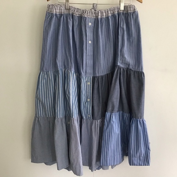 Tiered boho, cottagecore patchwork prairie.  men’s shirt upcycle maxi skirt S-XL - Picture 3 of 13